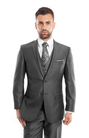 D. Gray Textured Pattern 3-PC Slim Fit Performance Stretch Suits