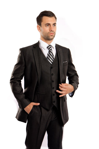 Black Solid Shiny Sharkskin 3-PC  Modern Fit Suits