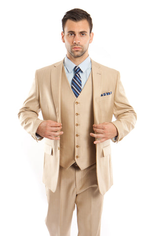 Lt. Beige Solid Shiny Sharkskin 3-PC Regular Modern Fit Suits