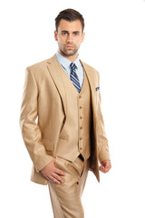 Wheat Solid Shiny Sharkskin 3-PC  Modern Fit Suits