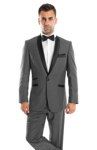 Gray / Black Solid with Black Shawl Collar Trim 2-PC Slim Fit Suits