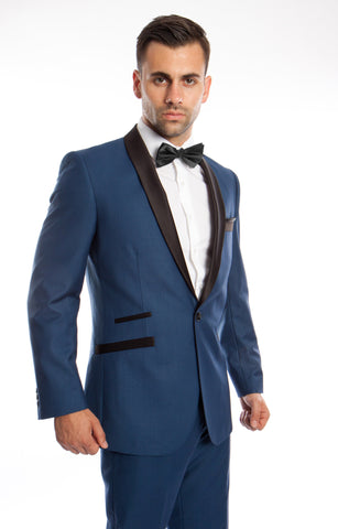 Blue / Black Solid with Black Shawl Collar Trim 2-PC Slim Fit Suits