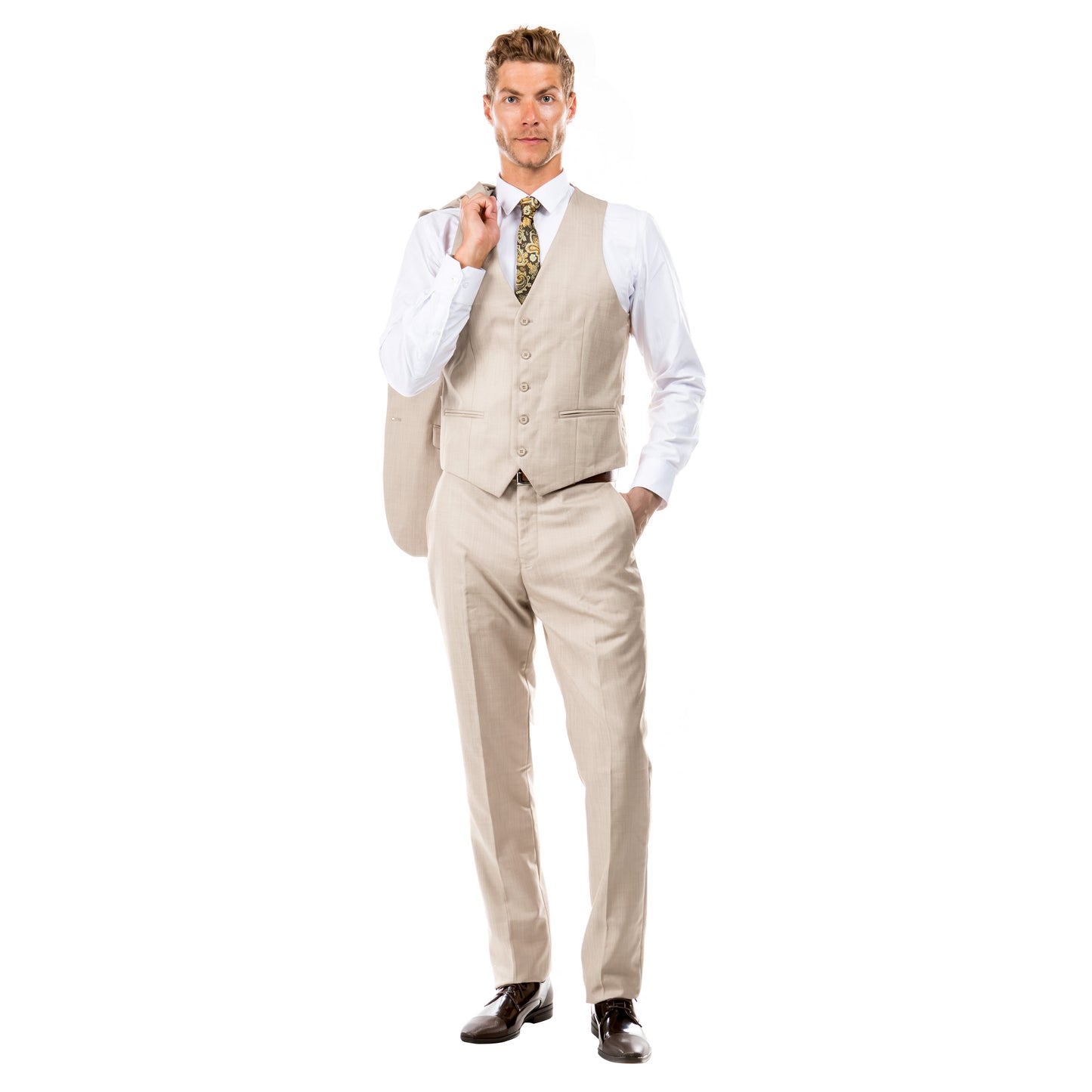 Tan Men's Slim-Fit 3-Piece Sharkskin Suit