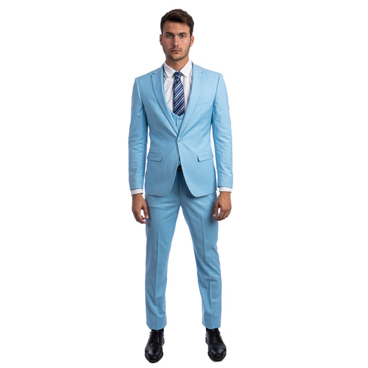 Sky Blue Men's Ultra Slim-Fit 3pc Suit w/ Expandable Waistband