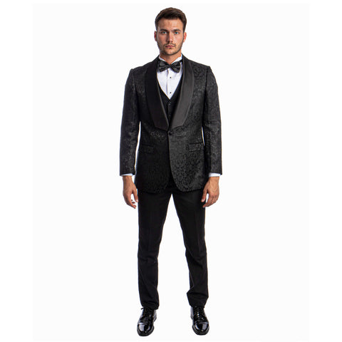 Men's Hybrid-Fit 3pc Paisley Suit w/ Wide Black Shawl Collar