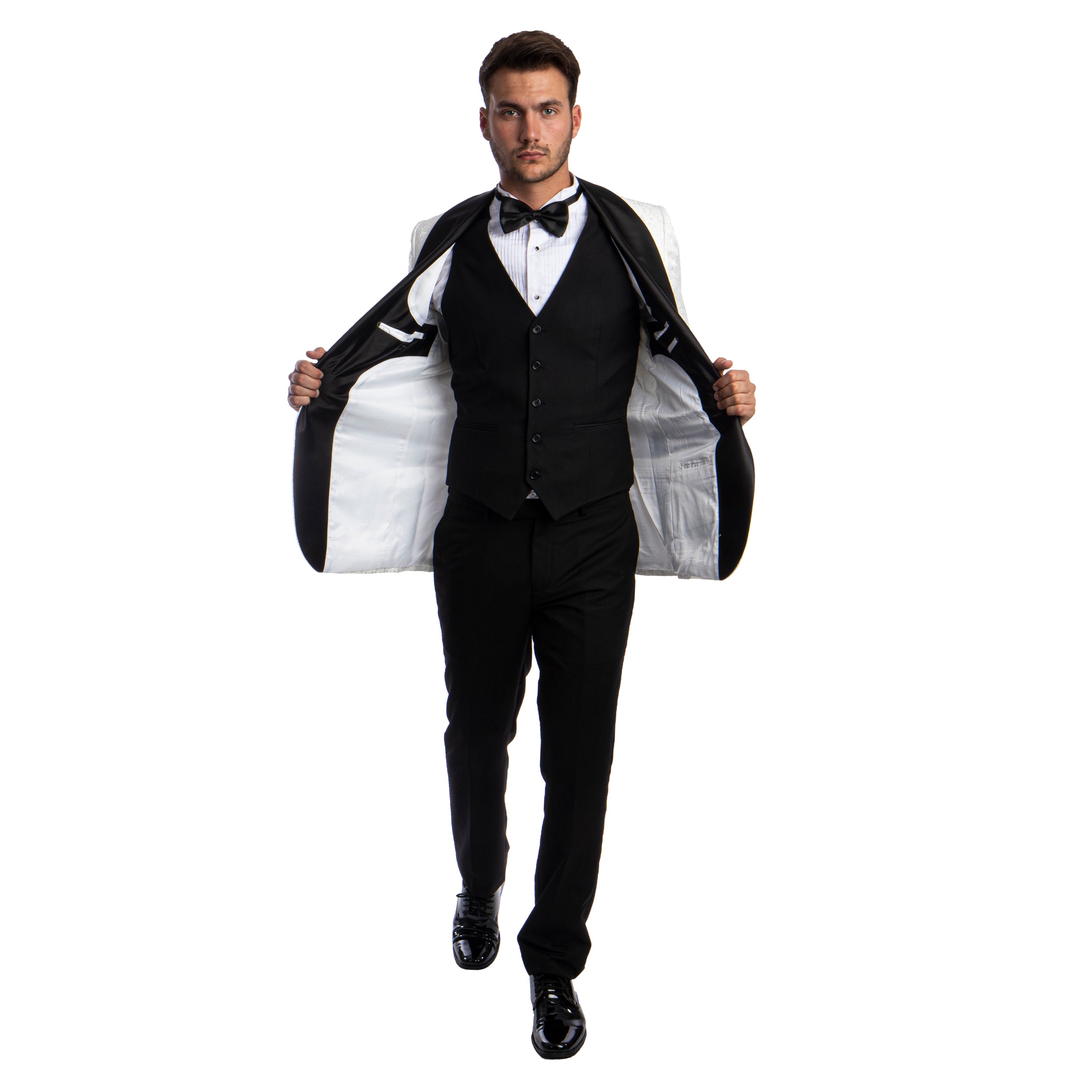 White Men's Hybrid-Fit 3pc Paisley Suit w/ Wide Black Shawl Collar