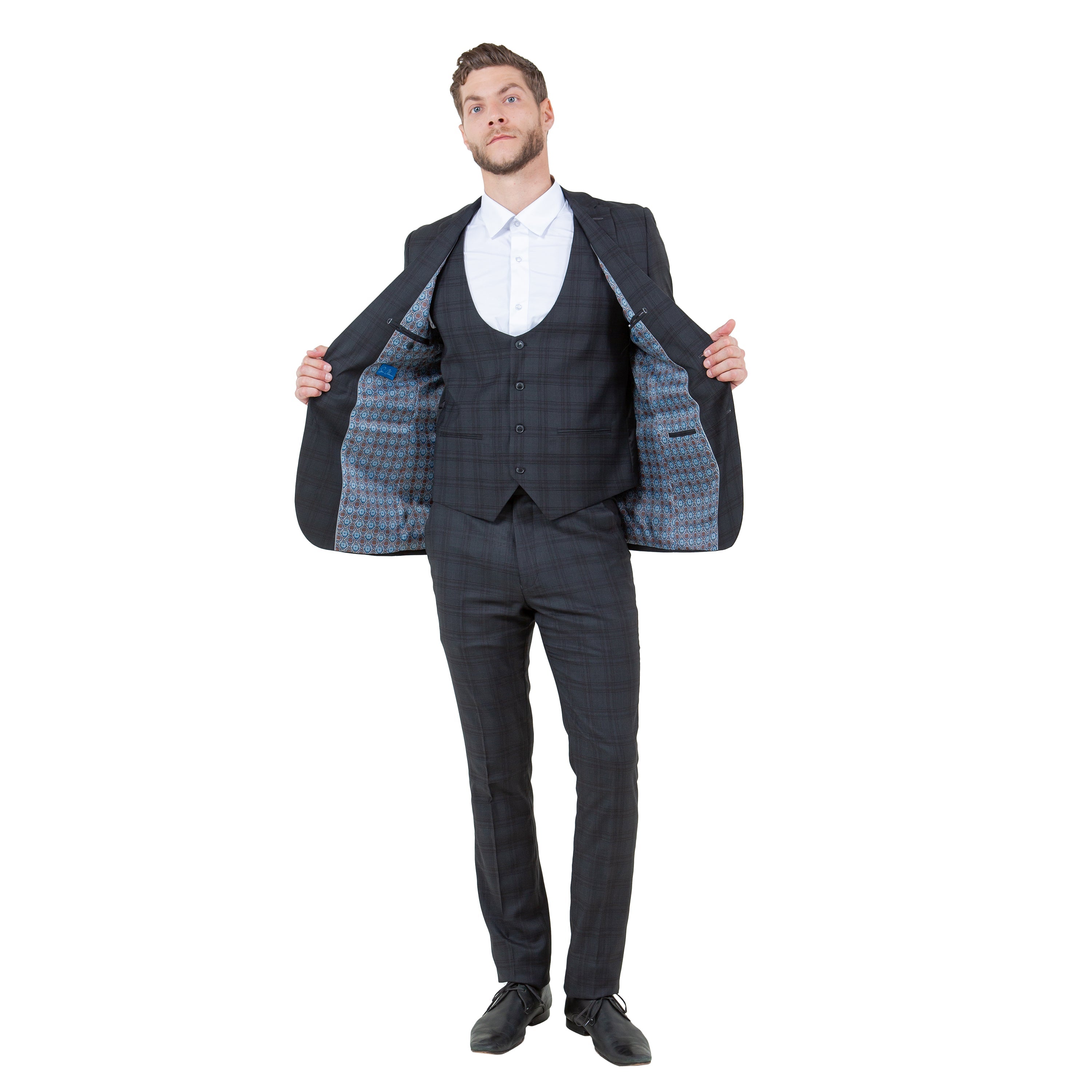 Men's Skinny-Fit Glen Plaid 3pc Suit Set w/ U-Neck Vest