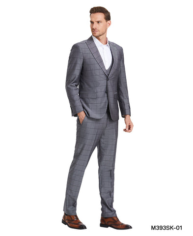 Gunmetal Grey Winndow Plaid - Double Breast U-Shape Vest Mens-suit