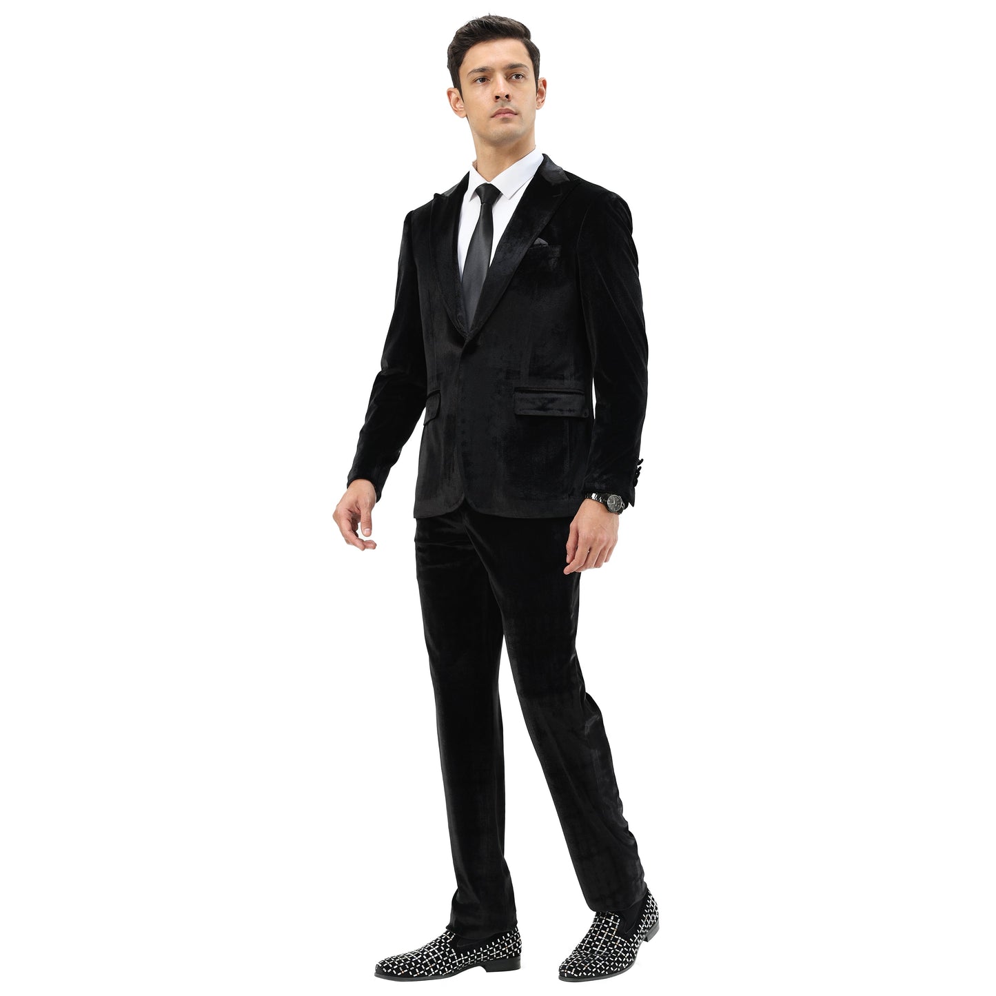 Tazzio Mens Velvet Skinny Fit Suit,Peak Lapel