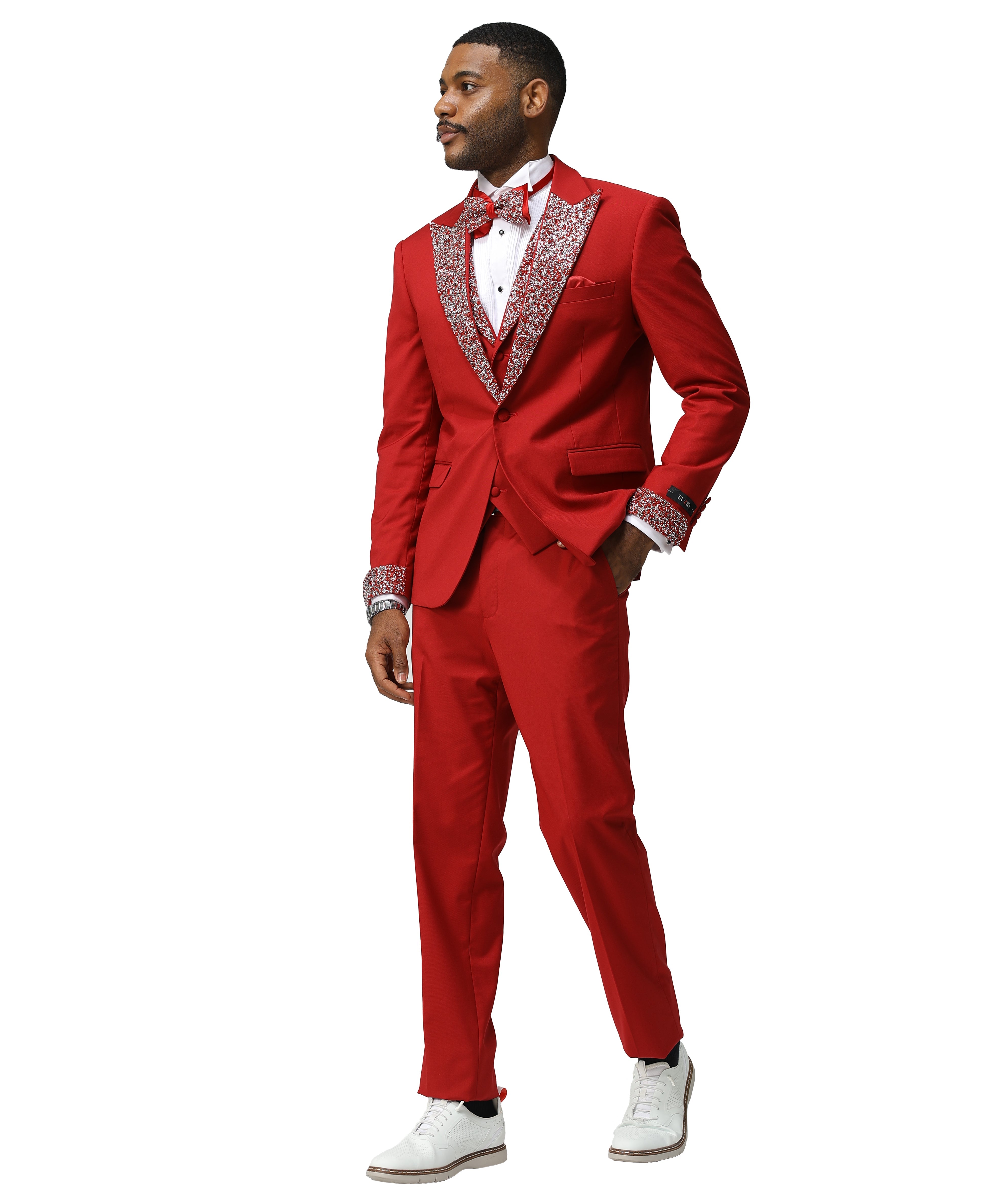 3 PC Solid Satin Rhinestone Peak Lapel Collared Vest Suit