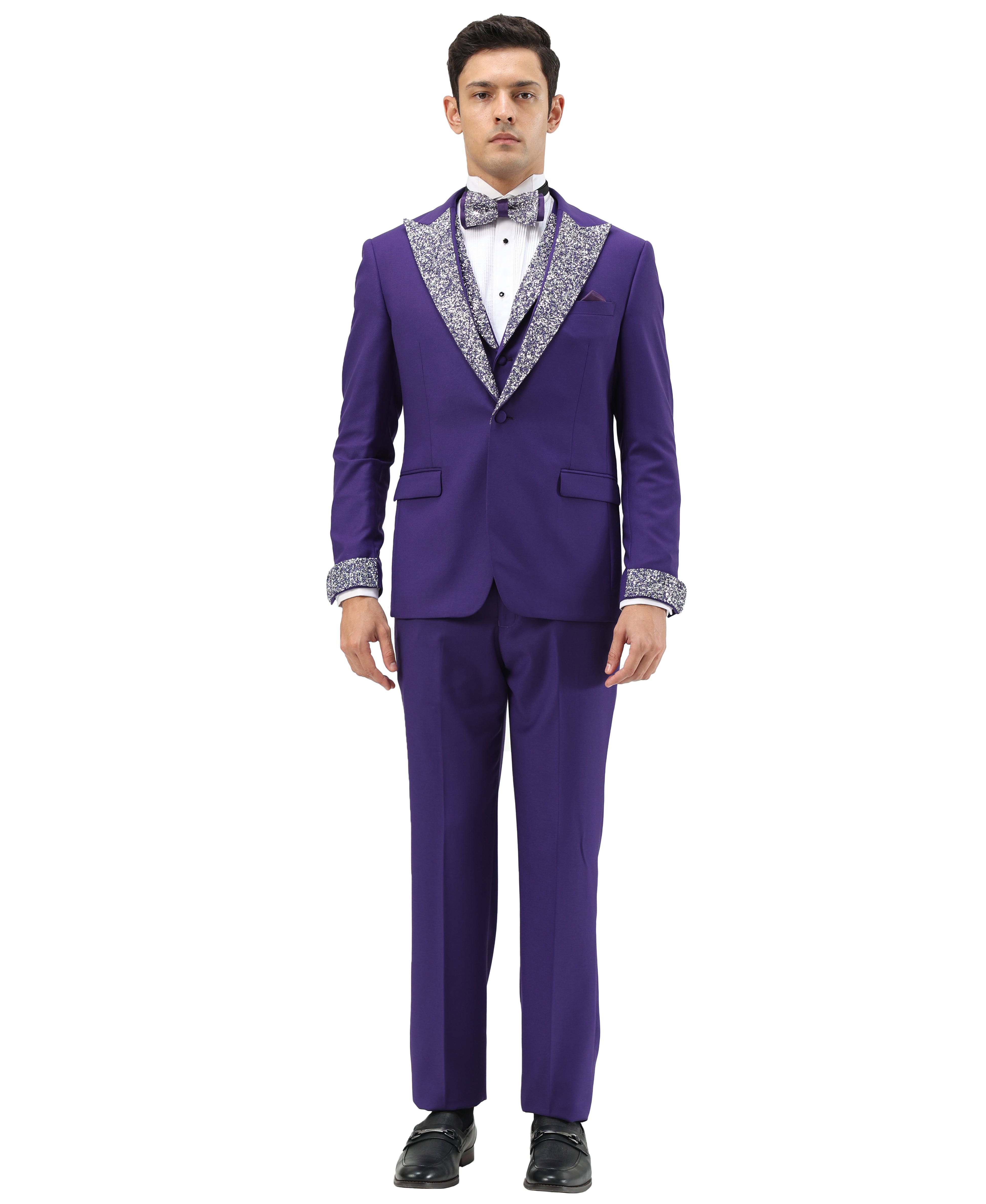 3 PC Solid Satin Rhinestone Peak Lapel Collared Vest Suit